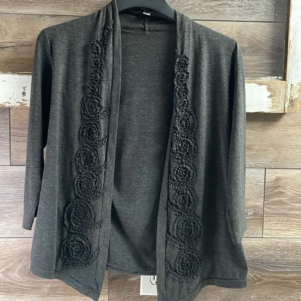 Forever Fashion Ladies Cardigan, Size Petite Small, Black with Cloth Floral Trim
